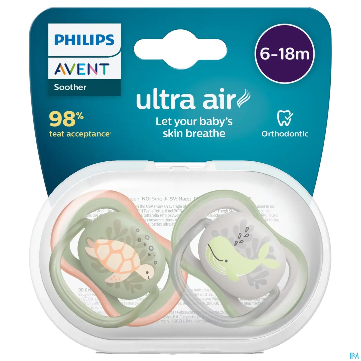 Ciucci ortodontici Philips Avent Ultra Air 6-18 mesi, motivo: balena e tartaruga