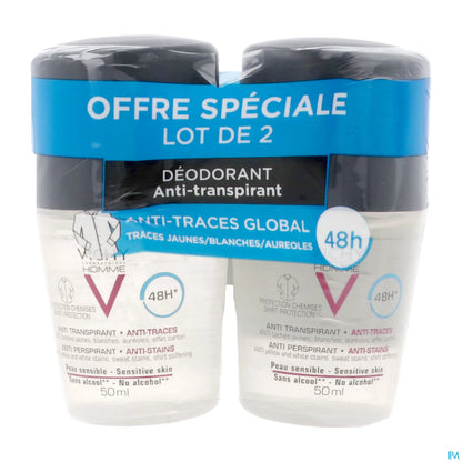 Men's Anti-Perspirant Deodorant Anti-Trace 48H 2x50ml Roll-On