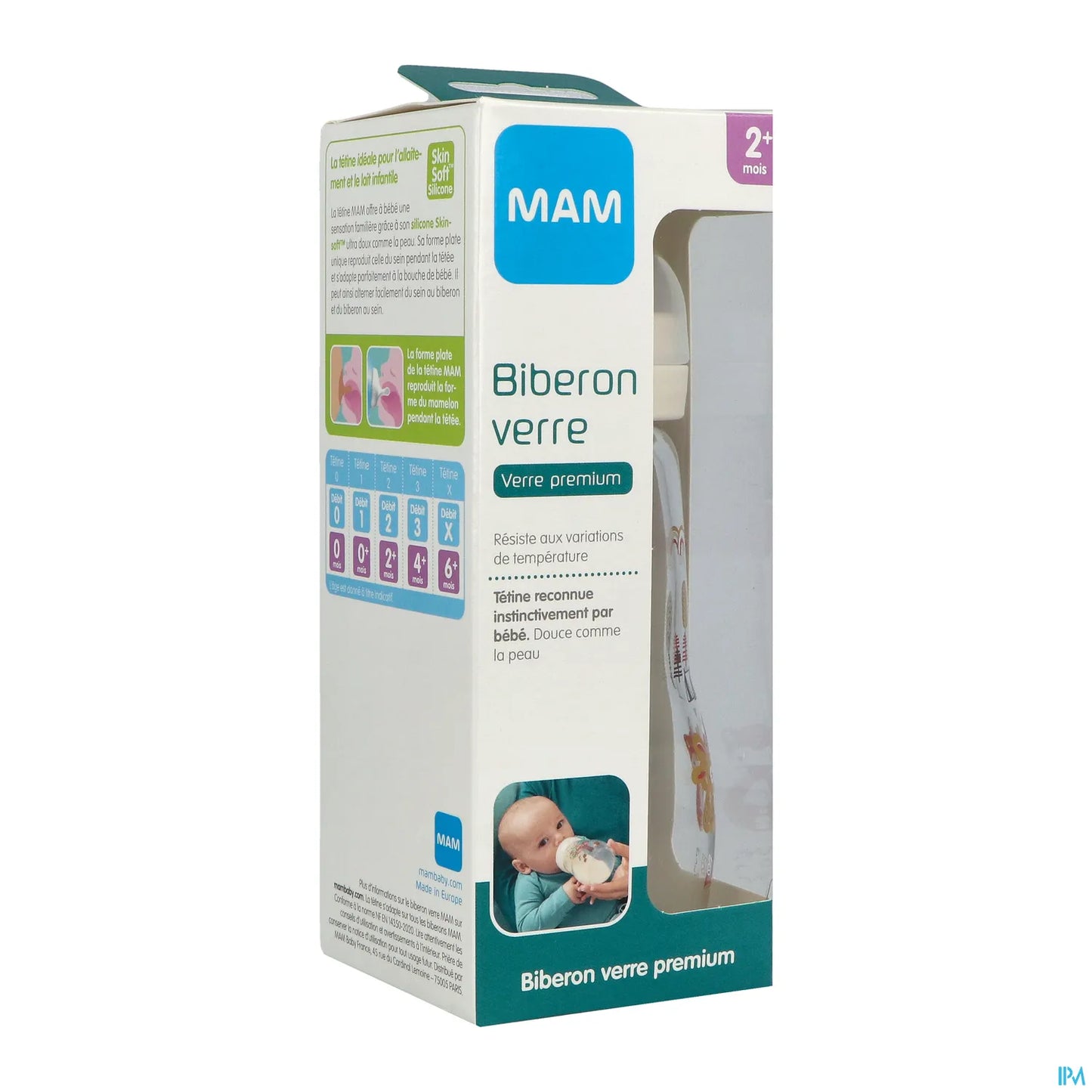 Biberon en Verre Premium 260 ml Blanc - Débit 2 Moyen Tétine SkinSoft