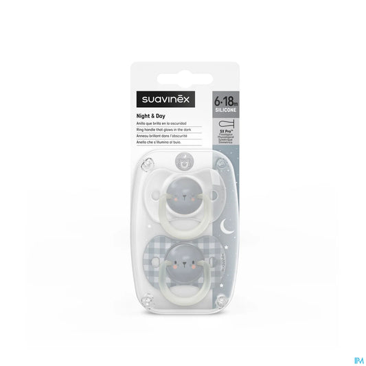 Confezione da 2 ciucci simmetrici Night&amp;Day 6-18 mesi Orsetto grigio