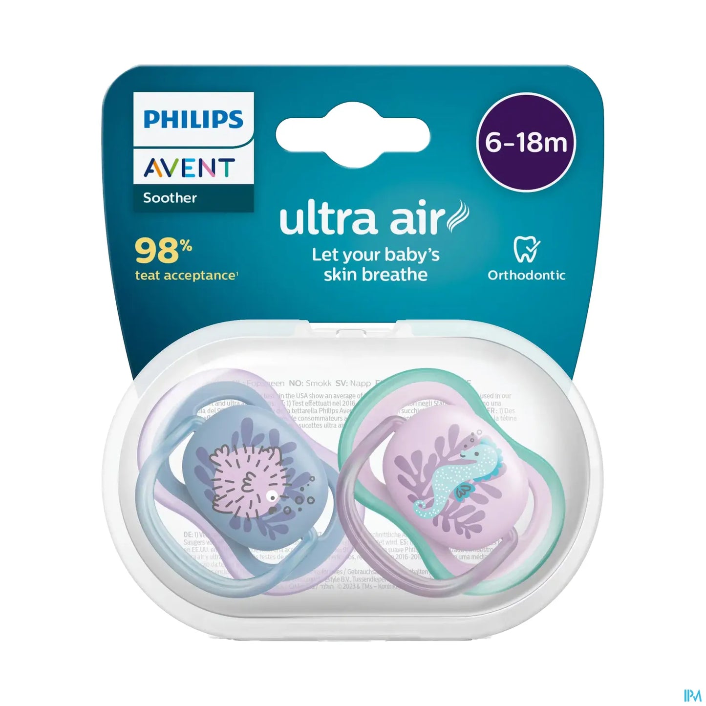 Ciucci ortodontici Philips Avent Ultra Air 6-18 mesi, motivo: balena e tartaruga