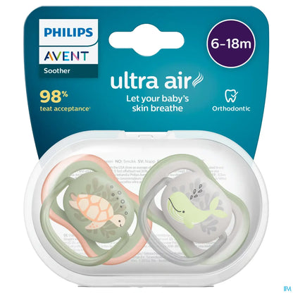 Ciucci ortodontici Philips Avent Ultra Air 6-18 mesi, motivo: balena e tartaruga