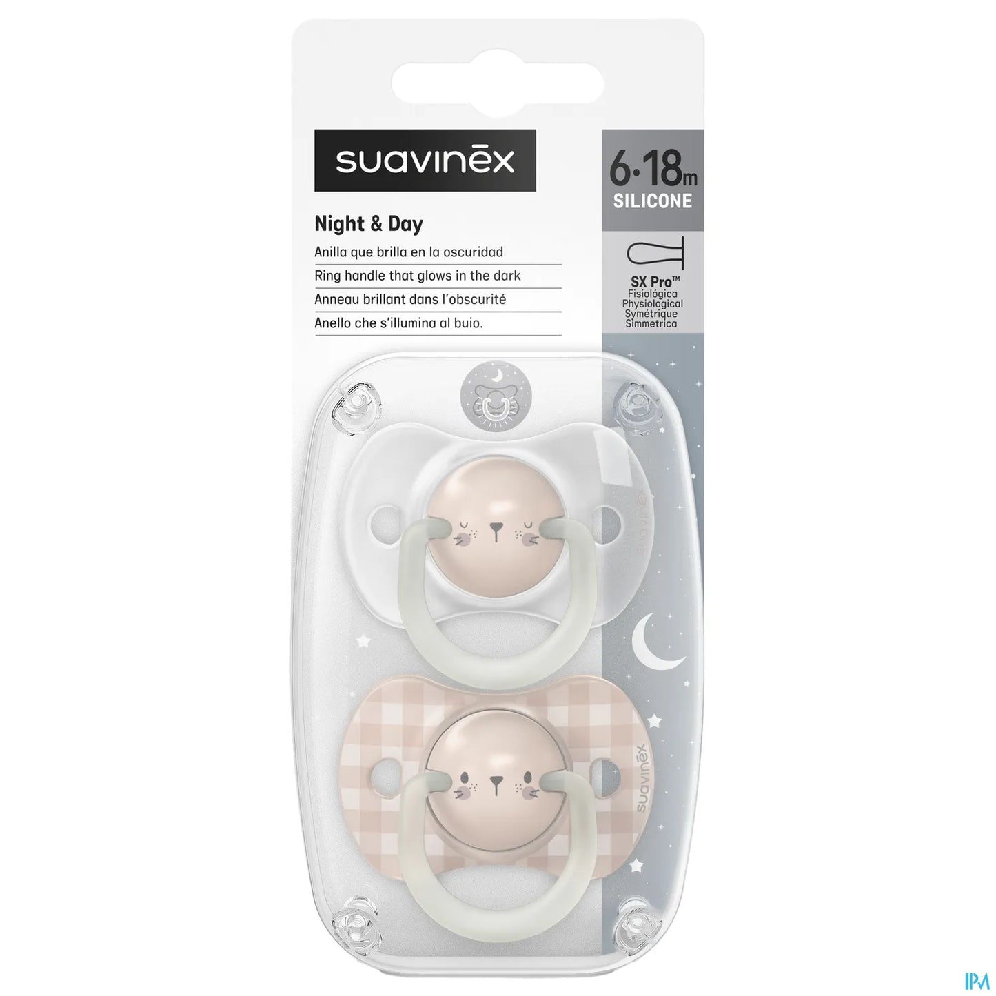 Sucette Symetrique Night&Day 6-18 Mois Lapin Rose