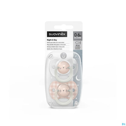 Pack of 2 SX Pro Night&amp;Day Powder Pink Pacifiers 0-6 Months