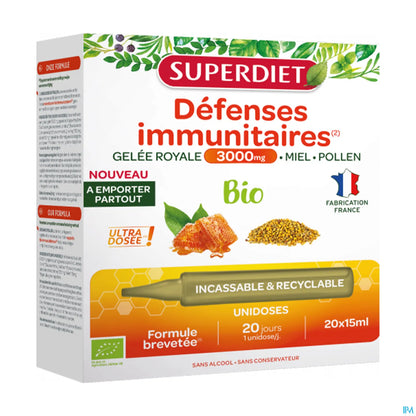 Superdiet Gelée Royale Bio 3000 mg Miel Pollen 20 Ampoules de 15 mL