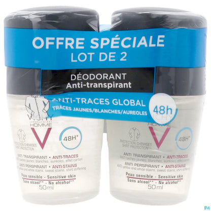 Men's Anti-Perspirant Deodorant Anti-Trace 48H 2x50ml Roll-On