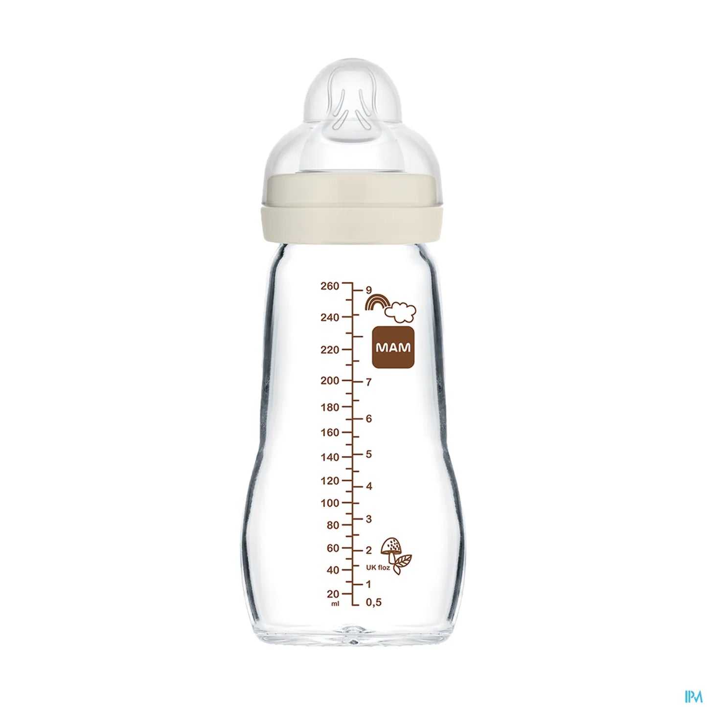 Biberon en Verre Premium 260 ml Blanc - Débit 2 Moyen Tétine SkinSoft