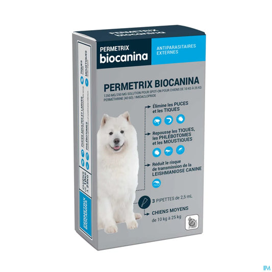 Permetrix 1250mg/250mg Chiens Moyens 10 à 25kg Pipettes 3x2.5ml