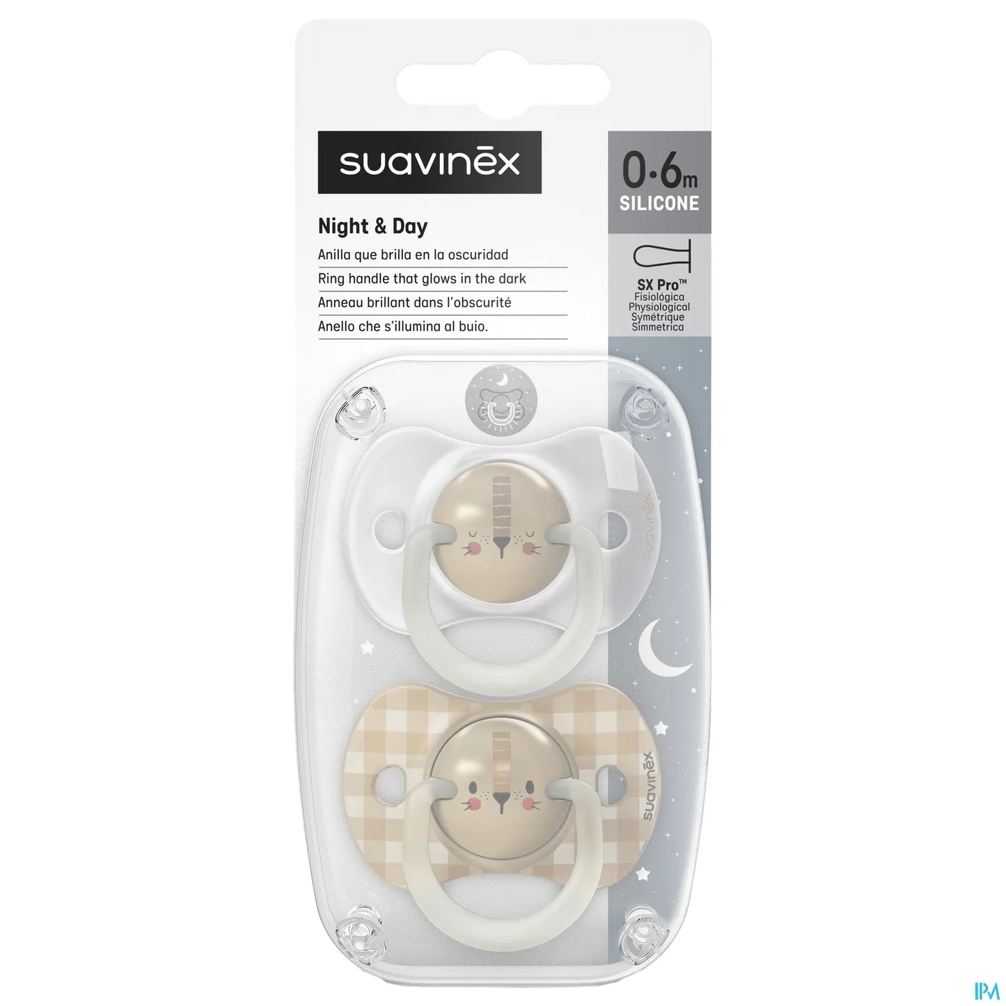 Pack of 2 SX PRO Night&amp;Day Beige Pacifiers 0-6 Months