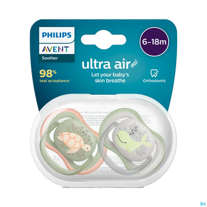 Ciucci ortodontici Philips Avent Ultra Air 6-18 mesi, motivo: balena e tartaruga