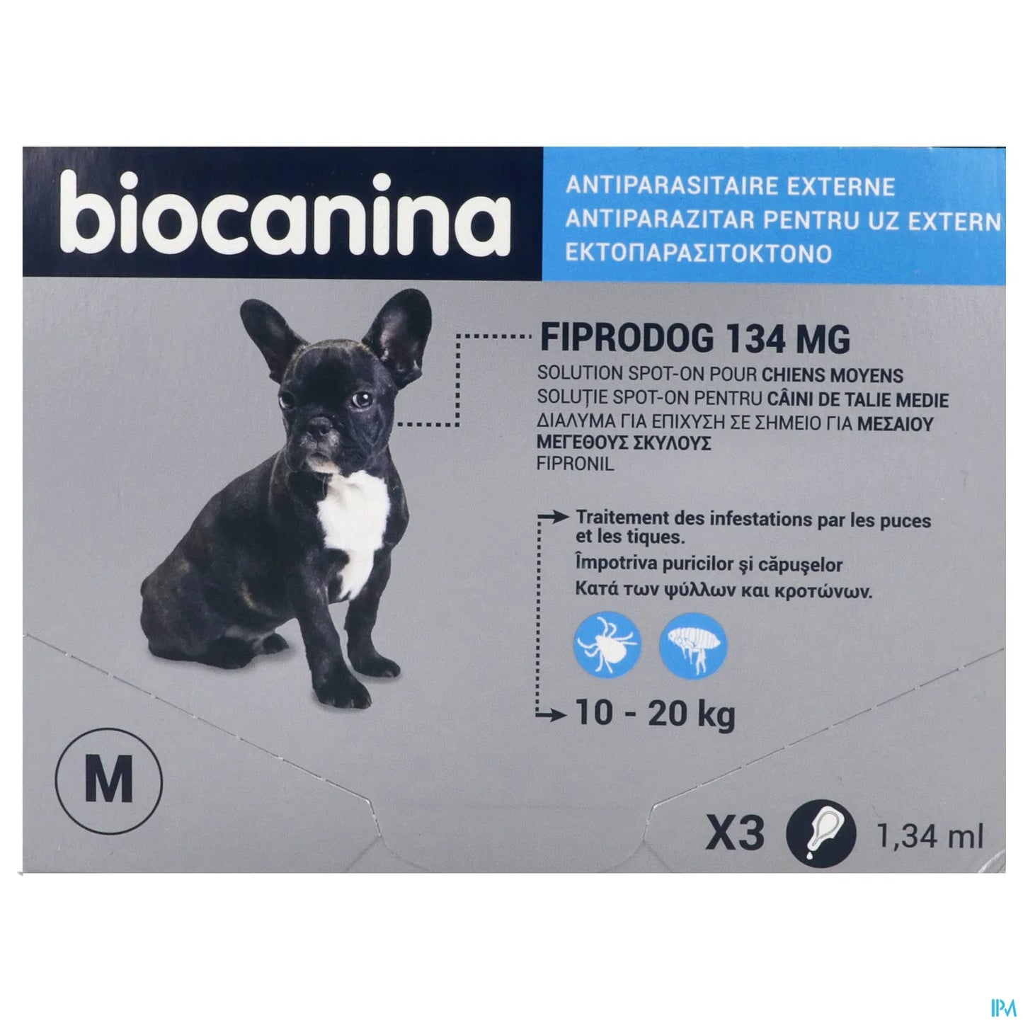 Fiprodog 134mg Solution Antiparasitaire pour Chiens Moyens 3 Pipettes