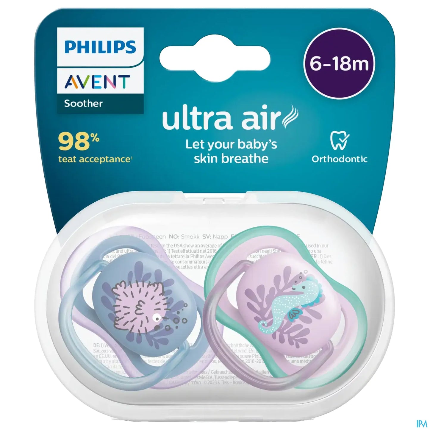 Ciucci ortodontici Philips Avent Ultra Air 6-18 mesi, motivo: balena e tartaruga