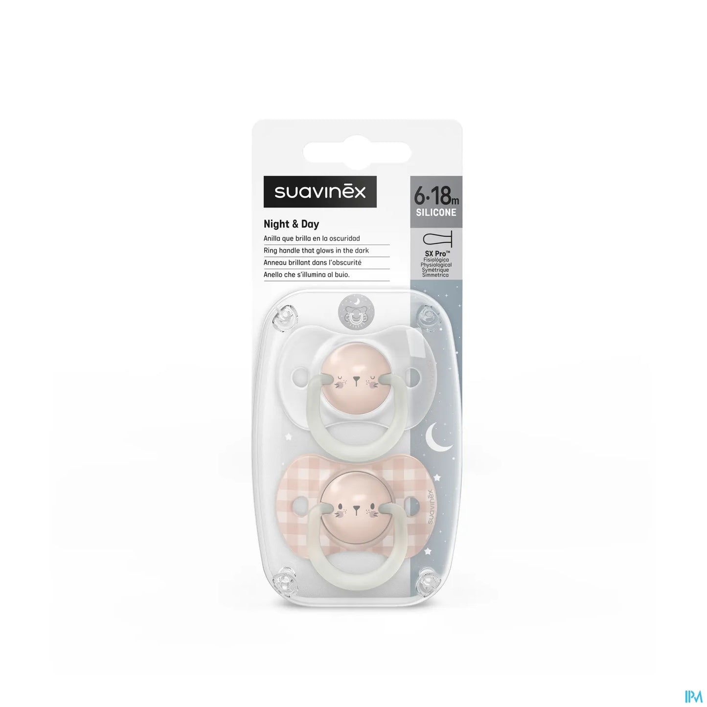 Sucette Symetrique Night&Day 6-18 Mois Lapin Rose