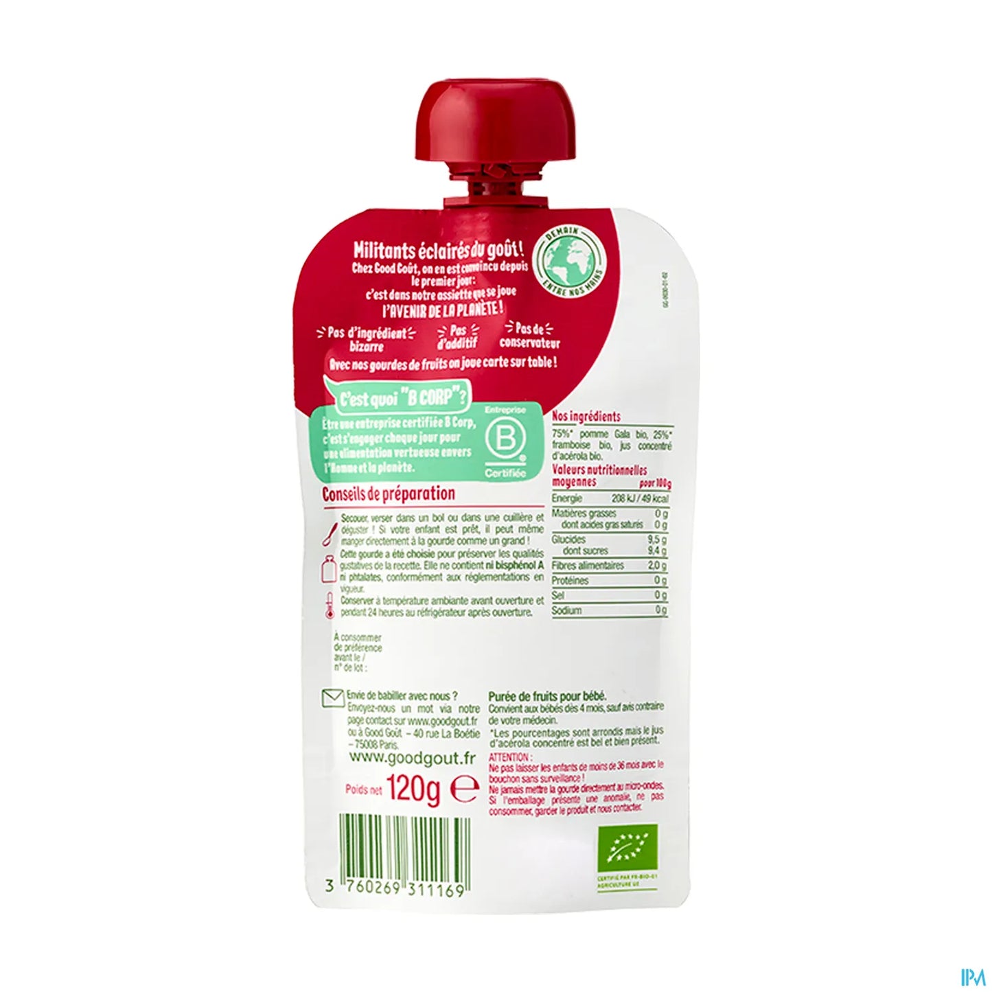 Purea di frutta biologica mela lampone 120 g da 4 mesi